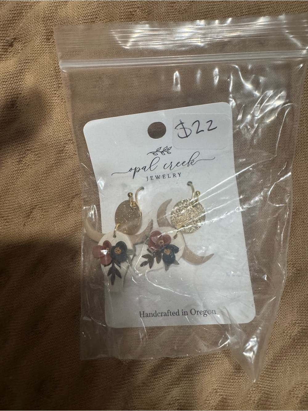 Opal Creek Gold Floral Crescent Drop Earrings - White, Pink & Blue